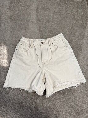 BDG Cream High-Rise Raw Hem Denim Shorts drawstring